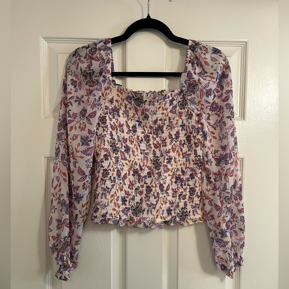 1.State Women's Long Blouson Sleeve Smocked Bodice Top in Ivory/Pink Multi